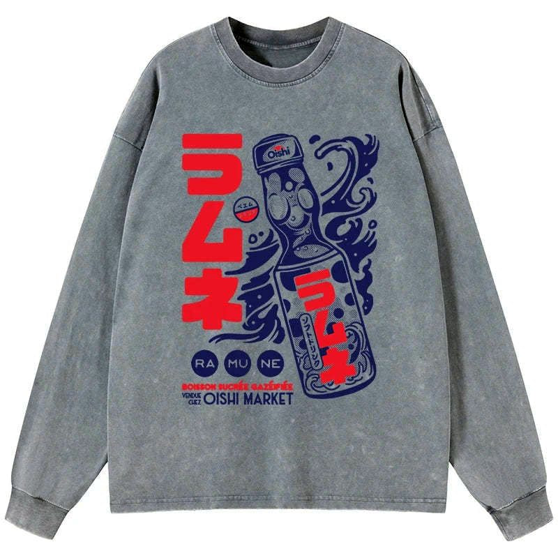 Japanese Ramune Print Washed Long Sleeve T-Shirt