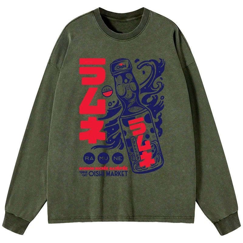 Kyoto-Lion Ramune Print Japanese Washed Long Sleeve T-Shirt