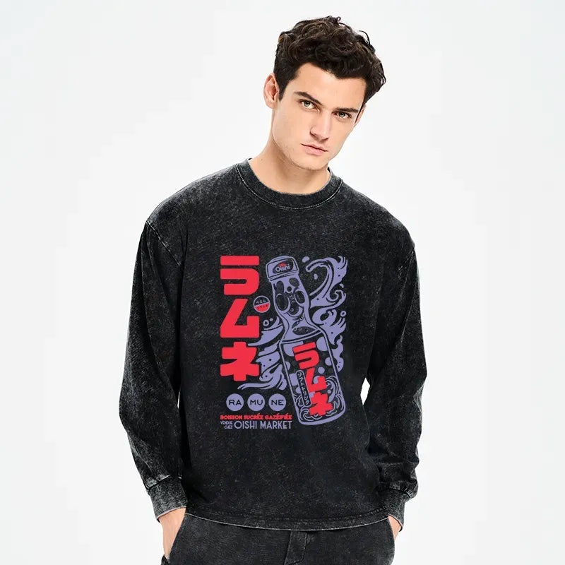 Kyoto-Lion Ramune Print Japanese Washed Long Sleeve T-Shirt