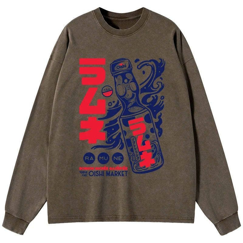 Kyoto-Lion Ramune Print Japanese Washed Long Sleeve T-Shirt