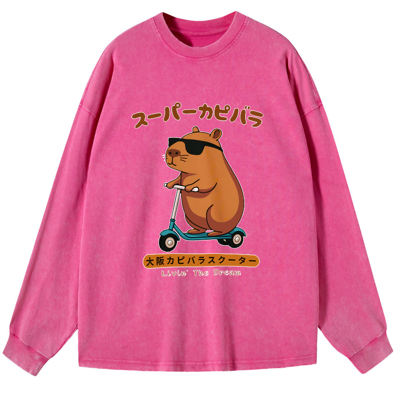 Kyoto-Lion Osaka Capybara Scooter Washed Long Sleeve T-Shirt