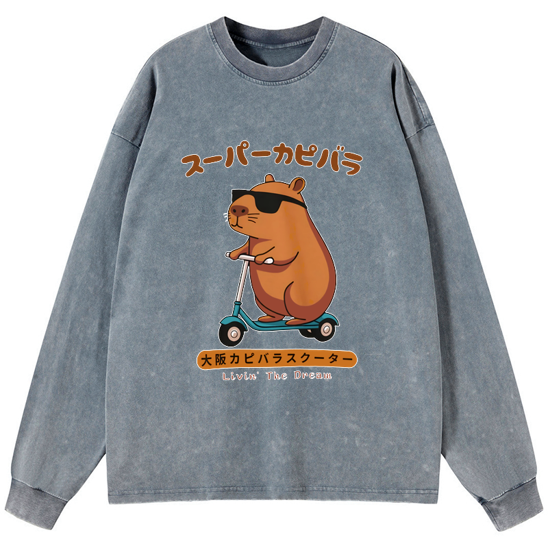Kyoto-Lion Osaka Capybara Scooter Washed Long Sleeve T-Shirt