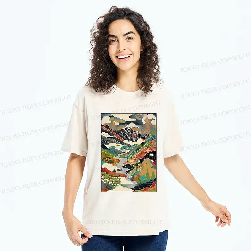 Kyoto-Lion Japan Mountain Scenery Washed T-Shirt