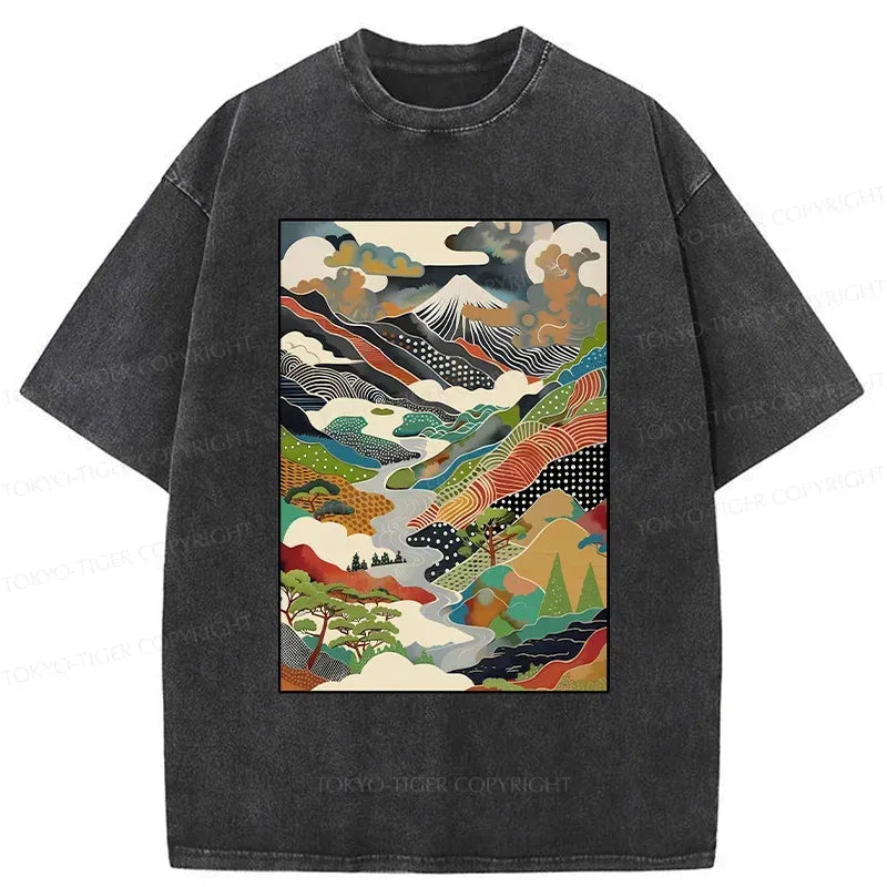 Kyoto-Lion Japan Mountain Scenery Washed T-Shirt