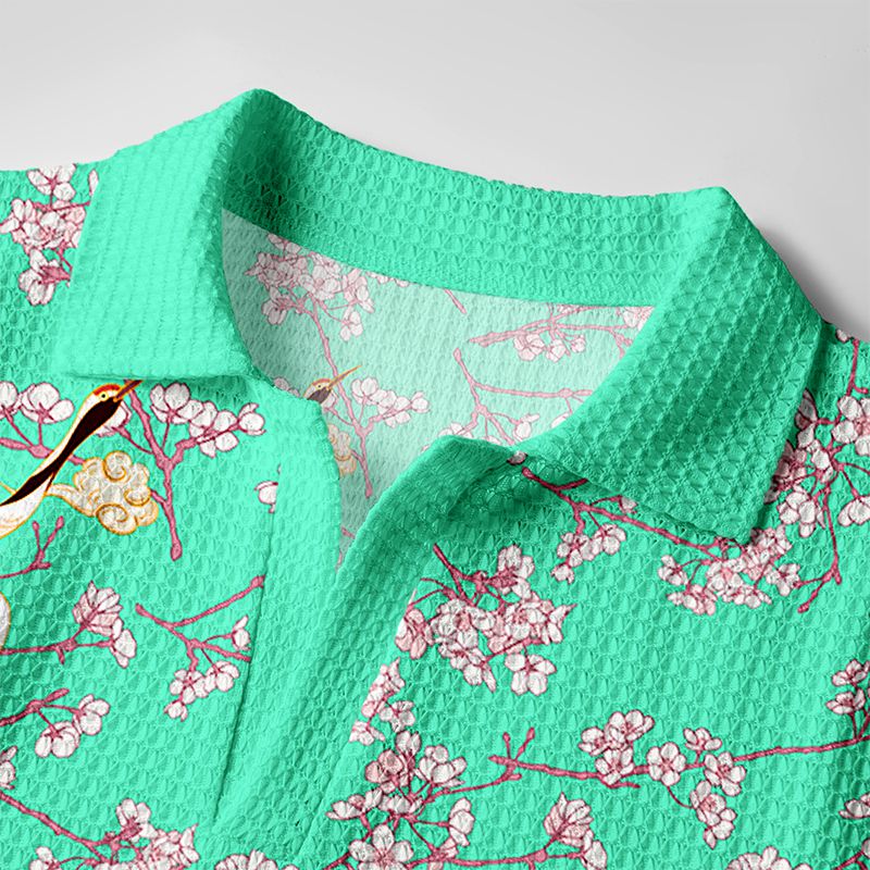 Japanese Crane Sakura Crochet Polo Shirt