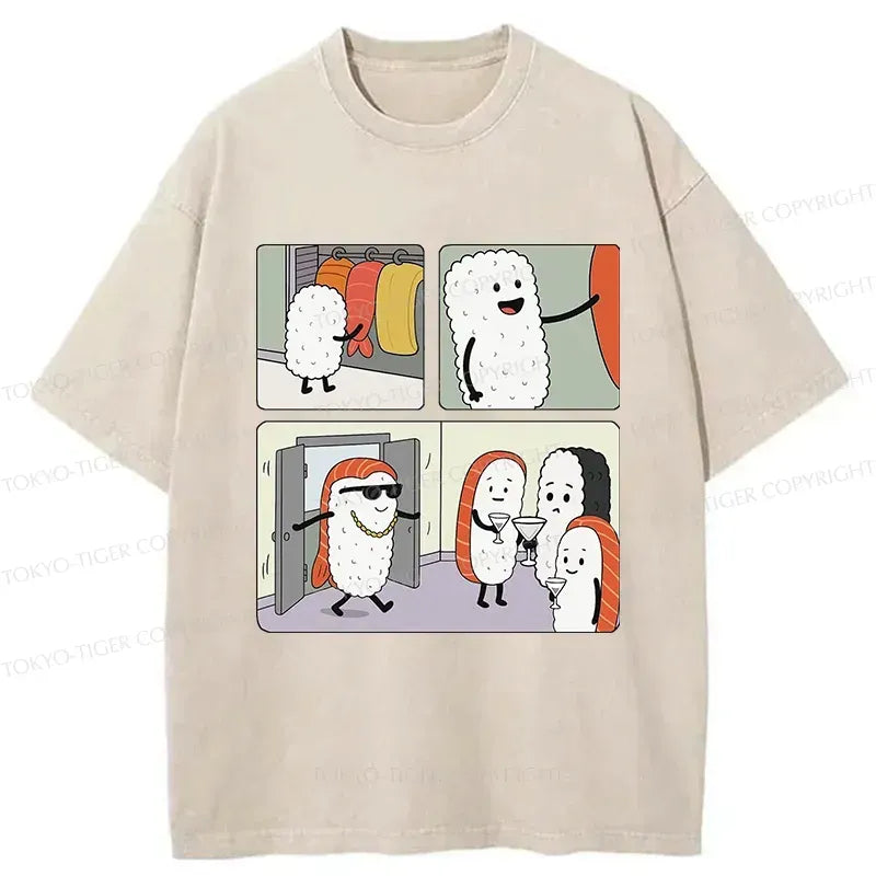 Japanese Sushi Washed T-Shirt for Streetwear