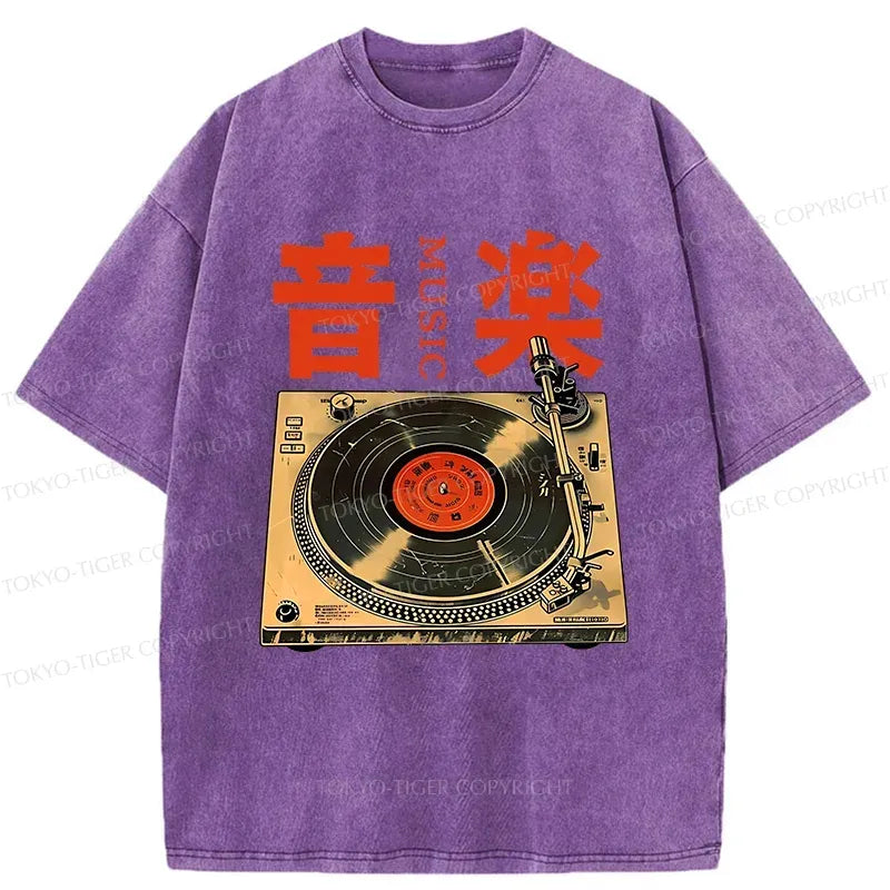 Kyoto-Lion Retro Music Record Player Washed T-Shirt