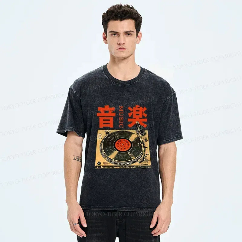 Kyoto-Lion Retro Music Record Player Washed T-Shirt