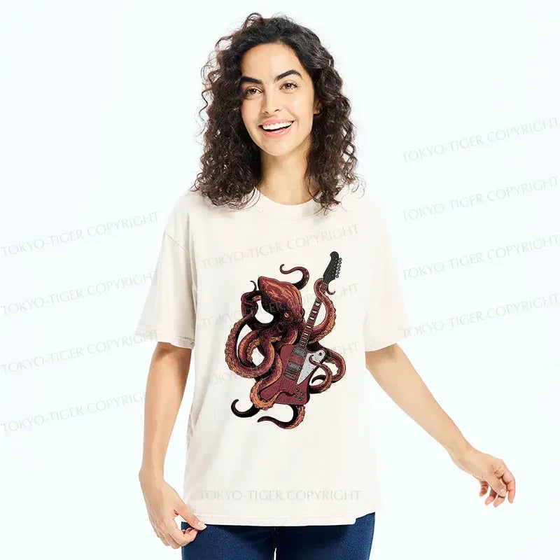 Japanese Vintage Octopus Playing Guitar Washed T-Shirt