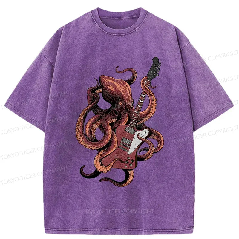 Kyoto-Lion Octopus Playing Guitar Washed T-Shirt