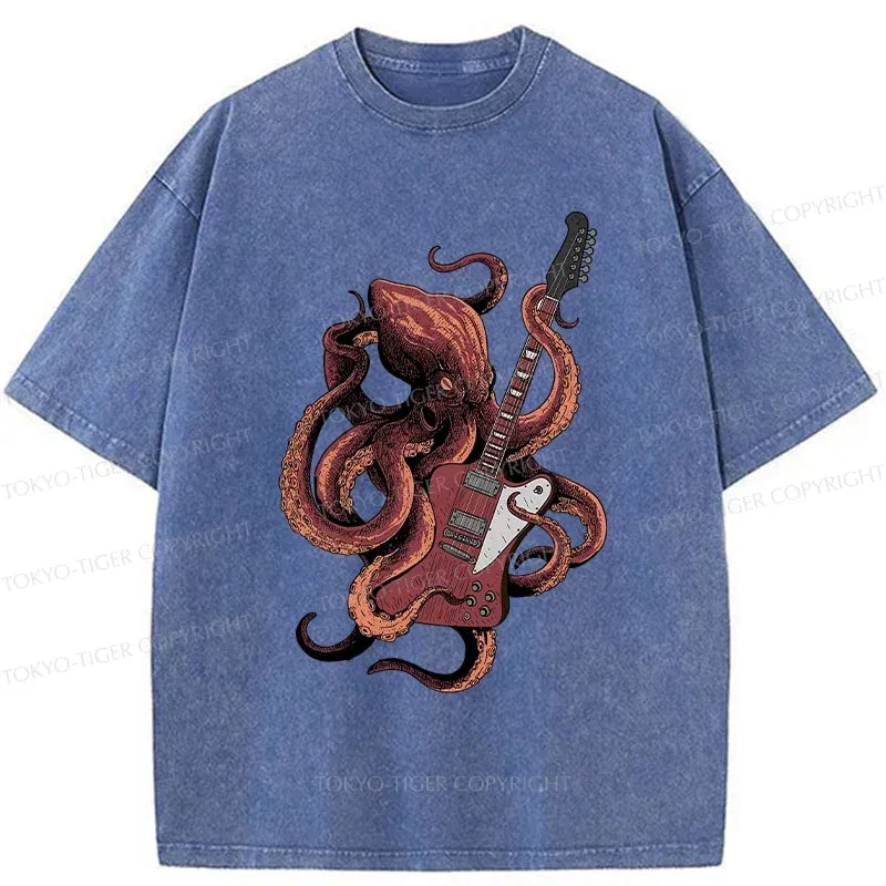 Kyoto-Lion Octopus Guitar Washed Tee for Streetwear
