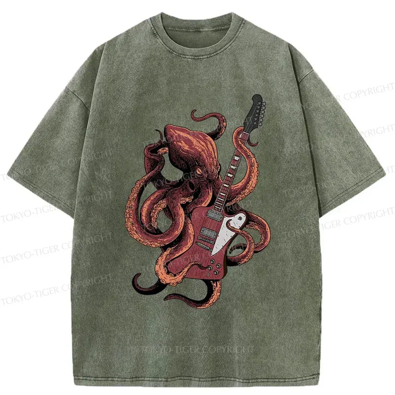 Kyoto-Lion Octopus Guitar Washed Tee for Streetwear