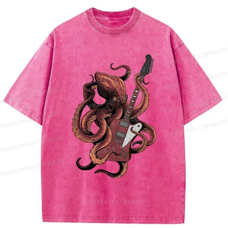 Japanese Vintage Octopus Playing Guitar Washed T-Shirt