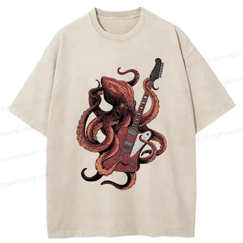 Japanese Vintage Octopus Playing Guitar Washed T-Shirt