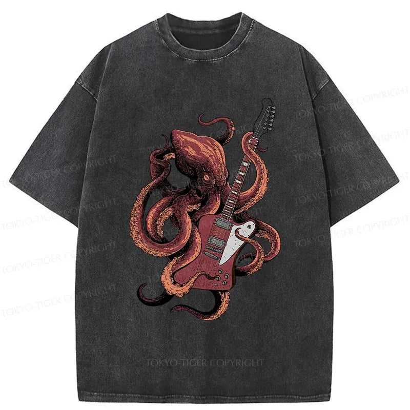 Kyoto-Lion Octopus Guitar Washed Tee for Streetwear