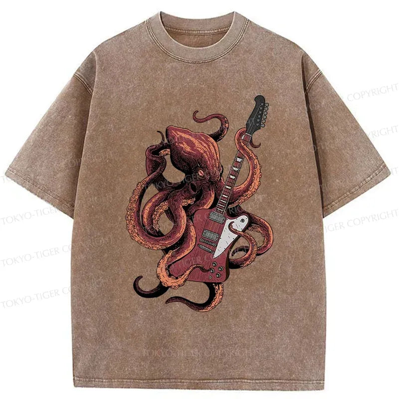 Japanese Vintage Octopus Playing Guitar Washed T-Shirt