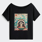 Retro Japanese Art Raccoon T-Shirt on Sale