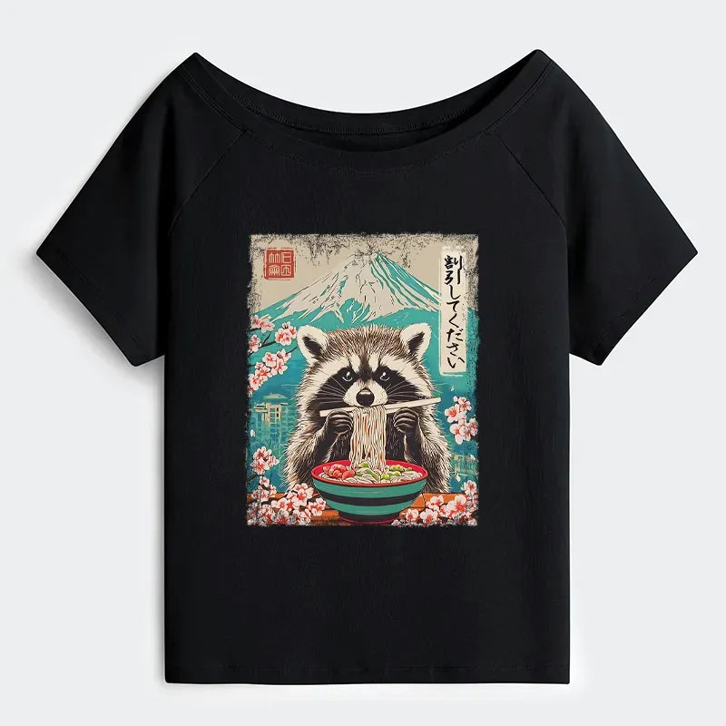 Retro Japanese Art Raccoon T-Shirt on Sale