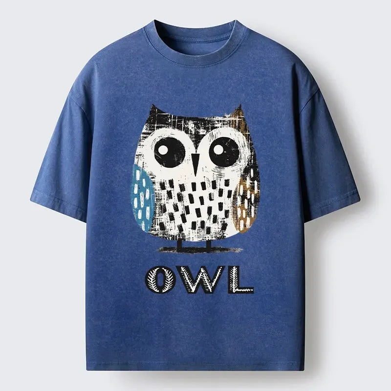 Kyoto-Lion Minimalist Owl Illustration Print Washed T-Shirt