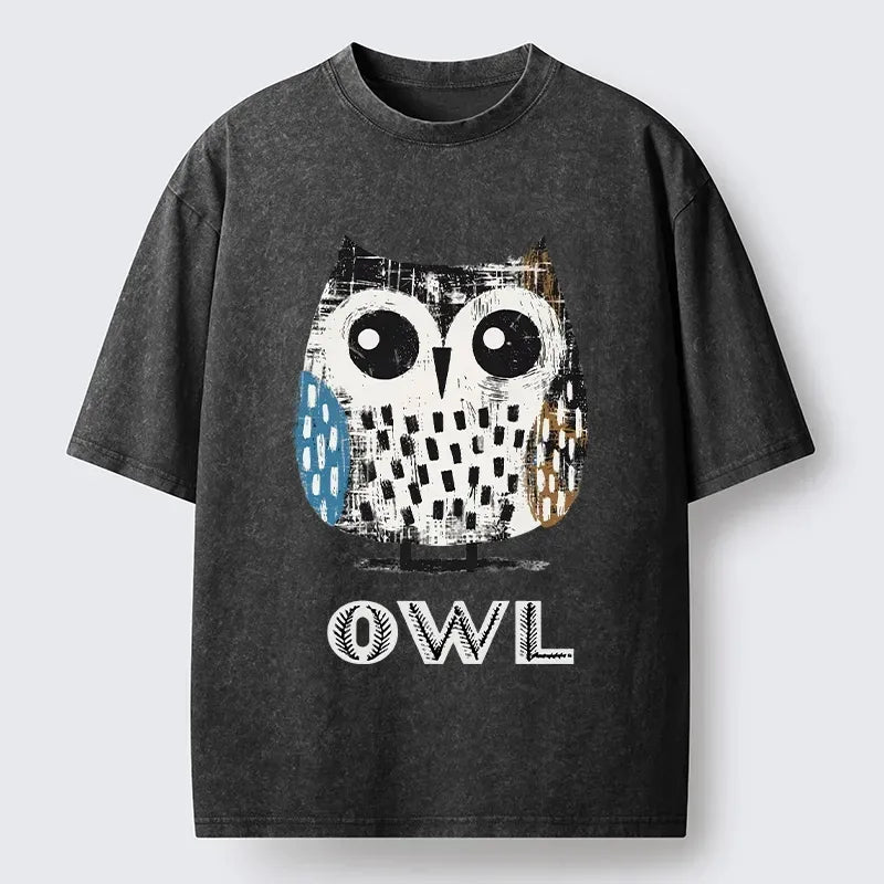 Kyoto-Lion Minimalist Owl Illustration Print Washed T-Shirt