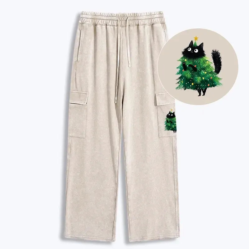 Kyoto-Lion Christmas Tree Cat Japan Washed Utility Sweatpants