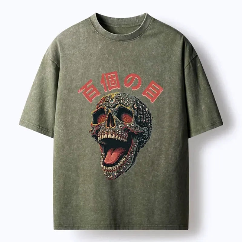 Kyoto-Lion Spooky Skull Meme Many Eyes Washed T-Shirt