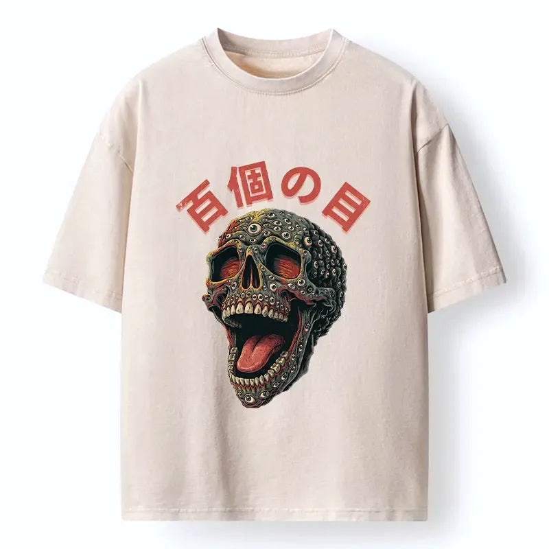 japanese many eyes washed skull t-shirt for summer
