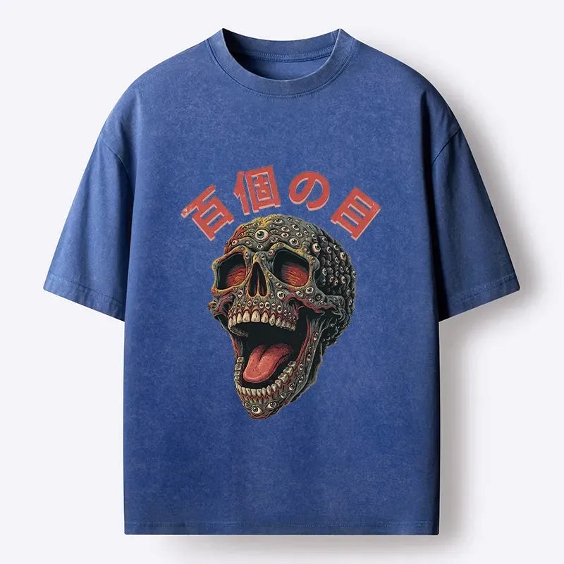 Kyoto-Lion Spooky Skull Meme Many Eyes Washed T-Shirt