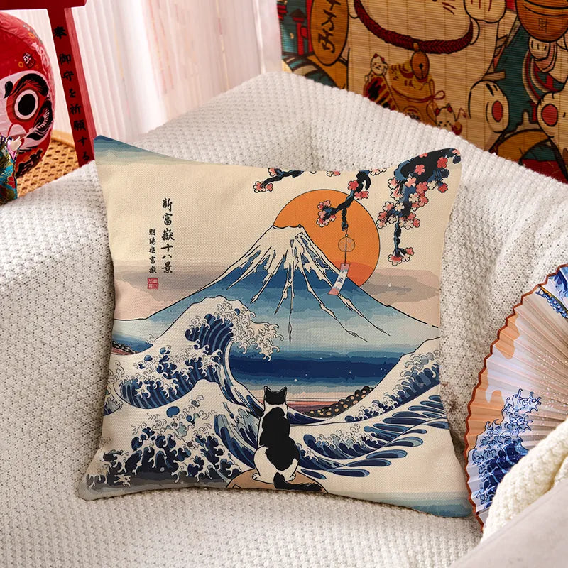 Kyoto-Lion Cat Looking At The Great Wave Cushion Pillow