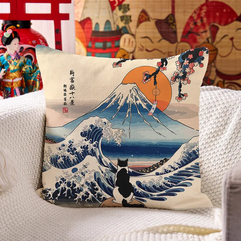 Kyoto-Lion Cat Looking At The Great Wave Cushion Pillow