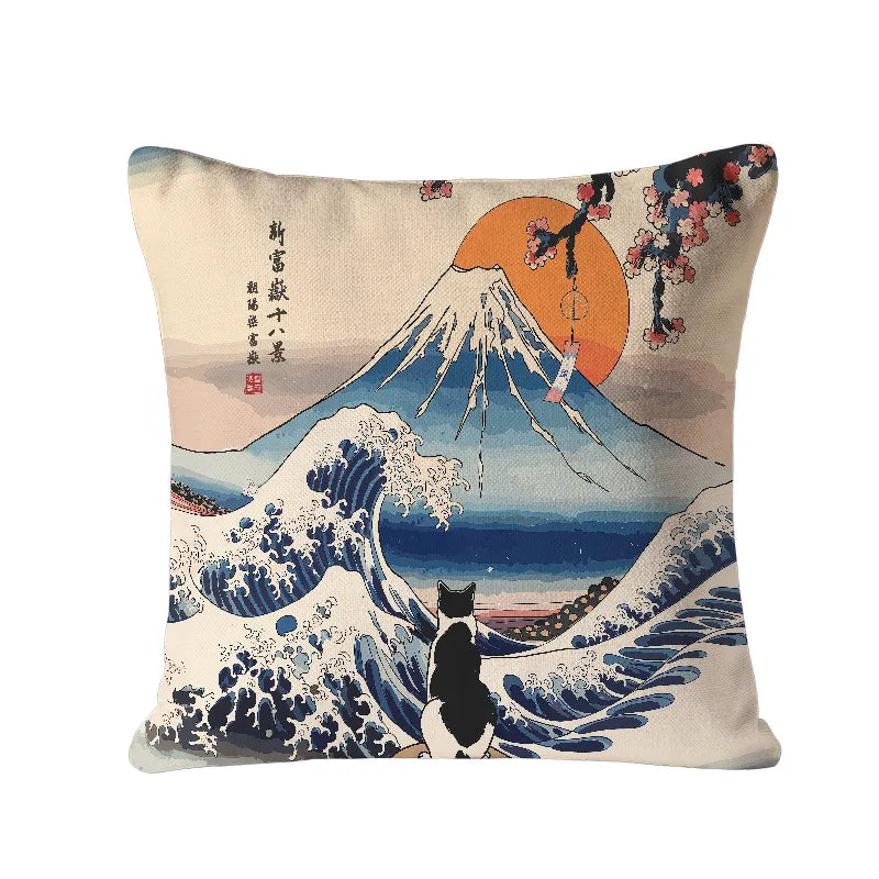 Kyoto-Lion Cat Looking At The Great Wave Cushion Pillow