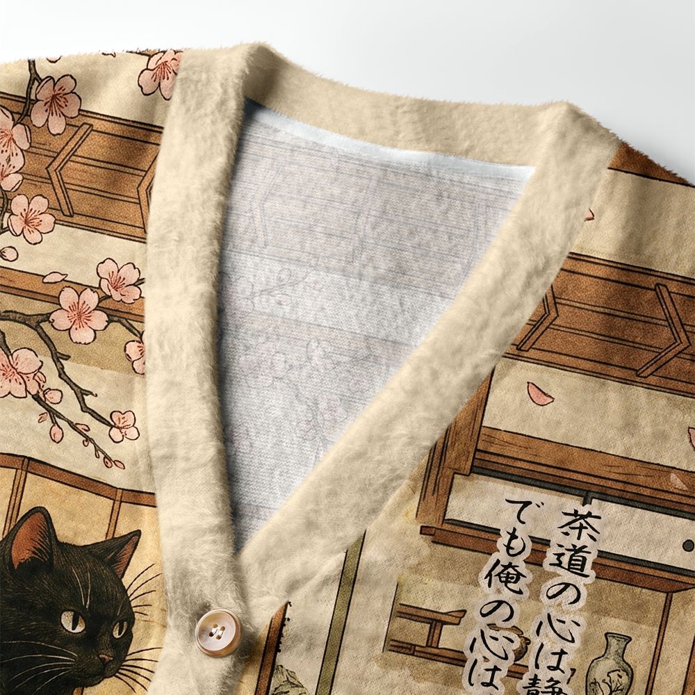 Kyoto-Lion Tea Time With A Black Cat Ugly Cardigan Sweater