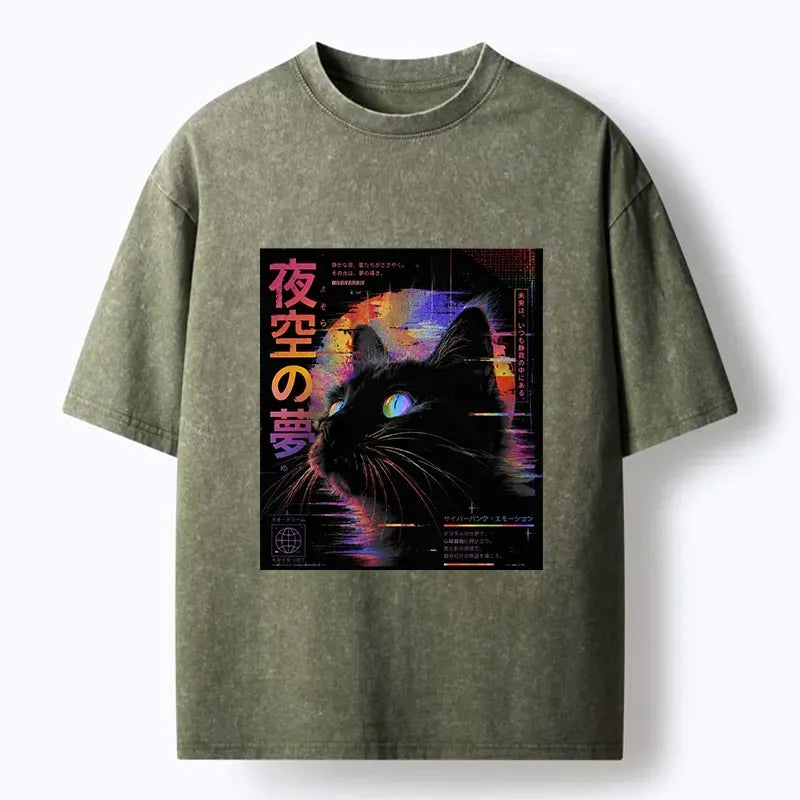 Kyoto-Lion Night Sky Dreams Cat Washed T-Shirt
