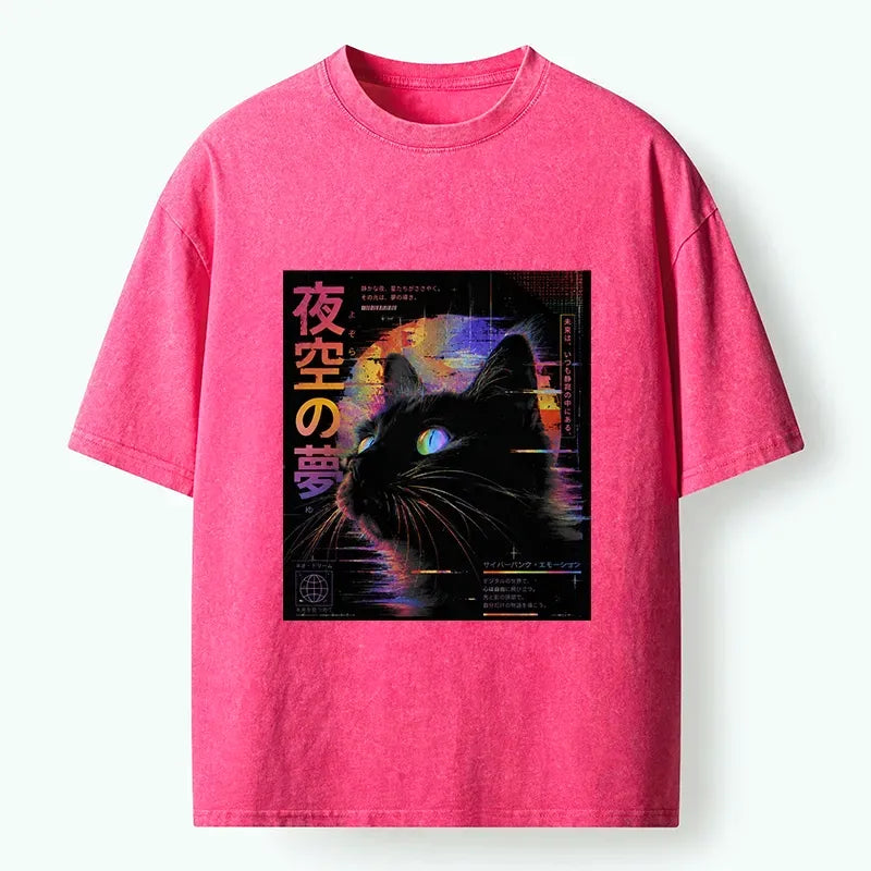 Kyoto-Lion Night Sky Dreams Cat Washed T-Shirt