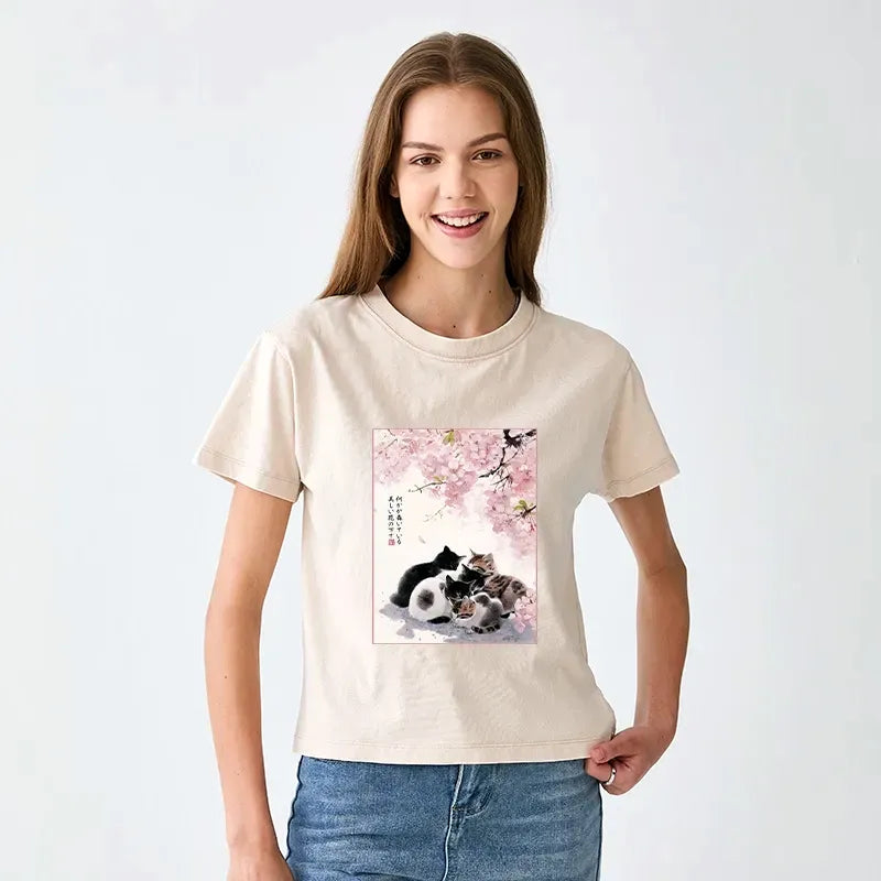 Cute Cats Sakura Garden T-Shirt for Women