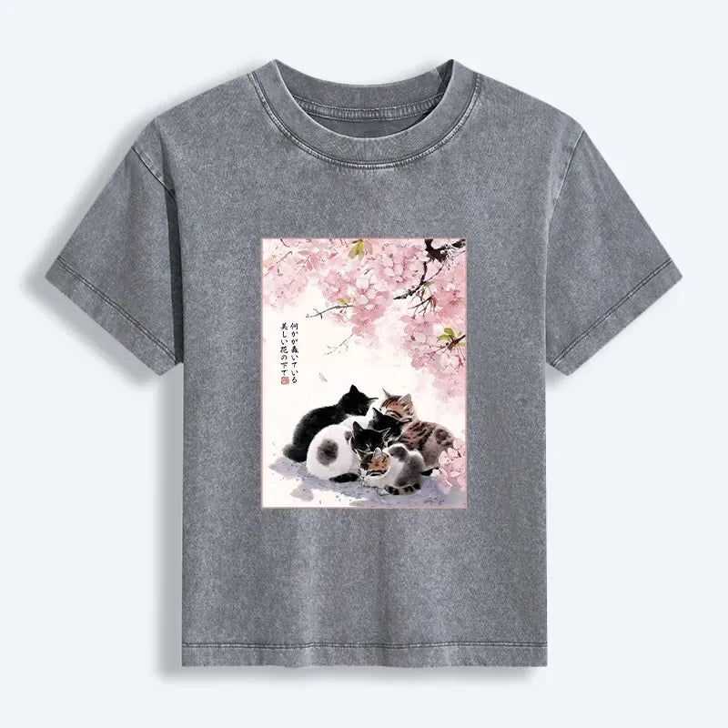 Washed Japanese Vintage Cat T-Shirt for Summer