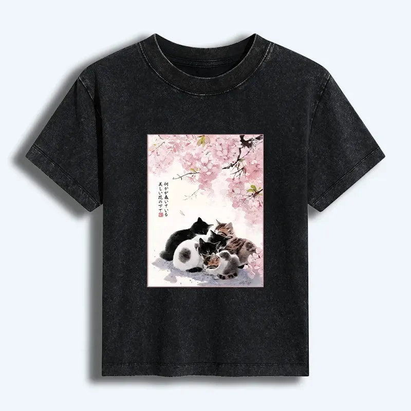 Washed Japanese Vintage Cat T-Shirt for Summer