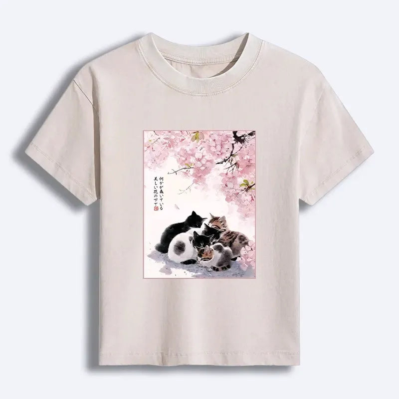 Kyoto-Lion Cute Cats Sakura Garden Women's Washed T-shirt