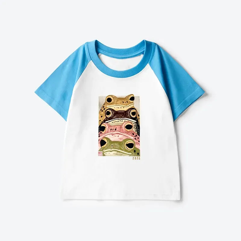 Kyoto-Lion Whimsical Multi Colored Frog Art Kids Raglan T-shirt