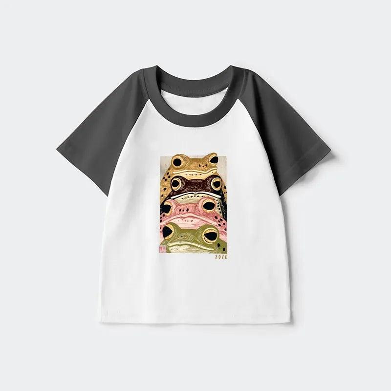 Kyoto-Lion Whimsical Multi Colored Frog Art Kids Raglan T-shirt