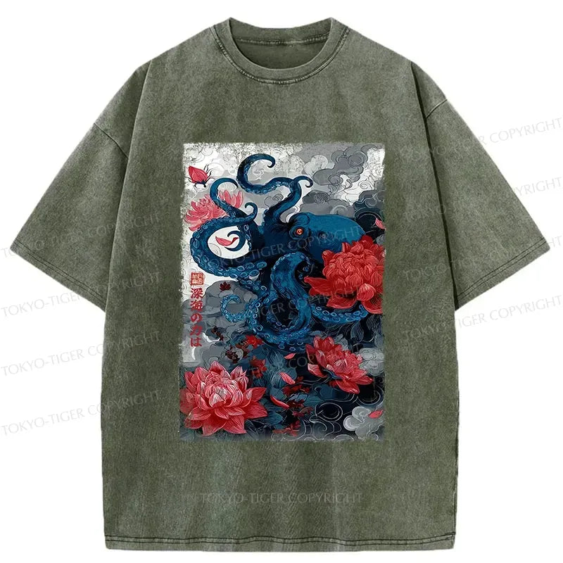 Retro Octopus Washed T-Shirt for Summer