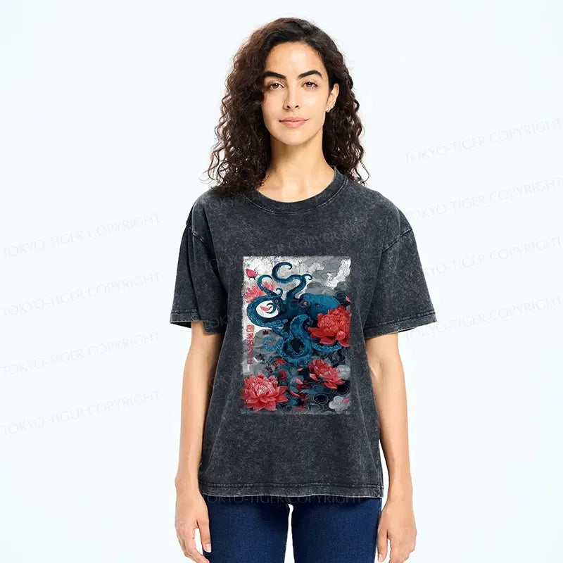 Retro Octopus Washed T-Shirt for Summer