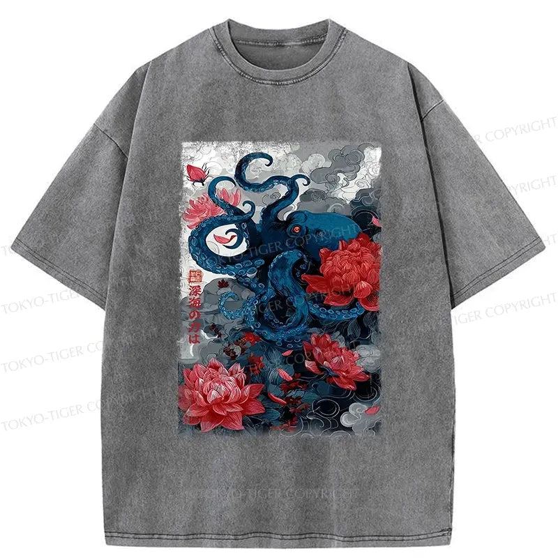 Retro Octopus Washed T-Shirt for Summer