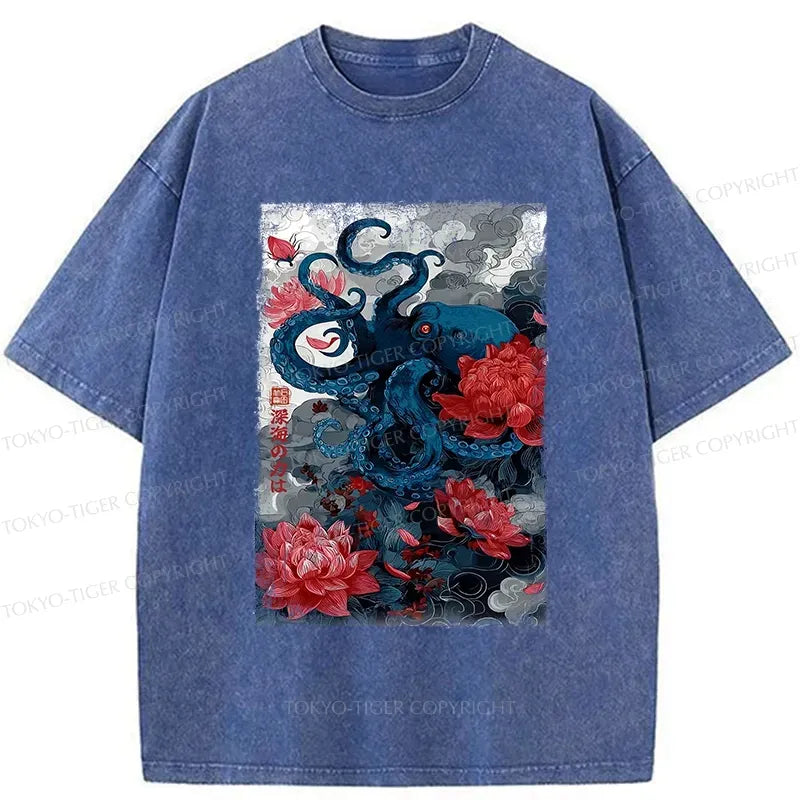 Retro Octopus Washed T-Shirt for Summer