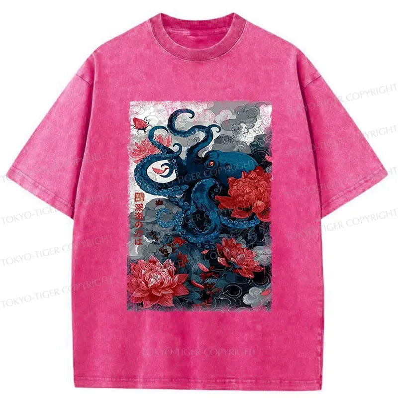 Retro Octopus Washed T-Shirt for Summer