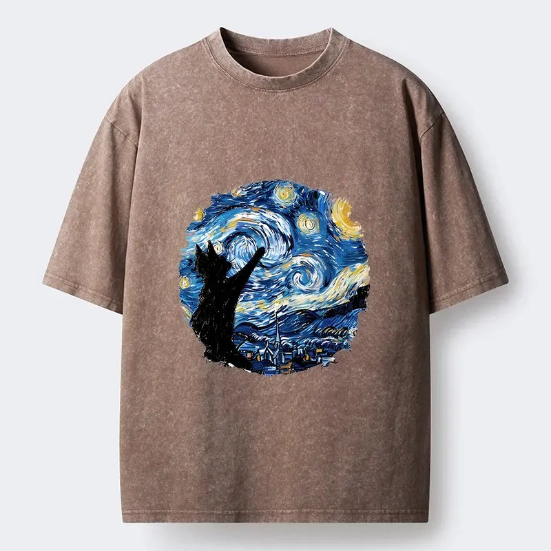 Starry Night Japanese Cat T-Shirt for Streetwear