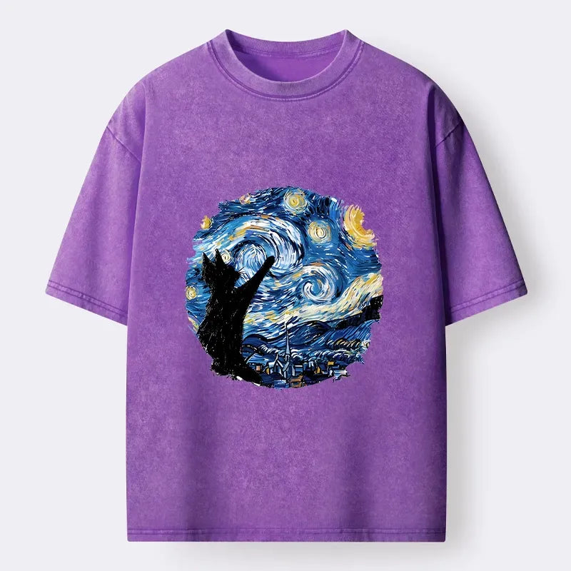 Starry Night Japanese Cat T-Shirt for Streetwear