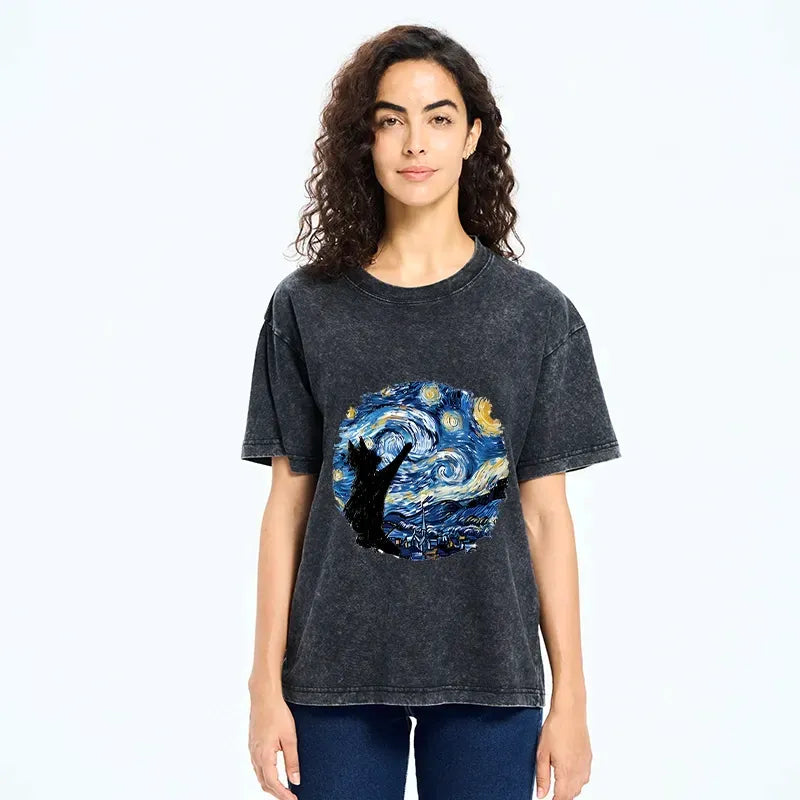 Kyoto-Lion Starry Night Black Cat Washed T-Shirt