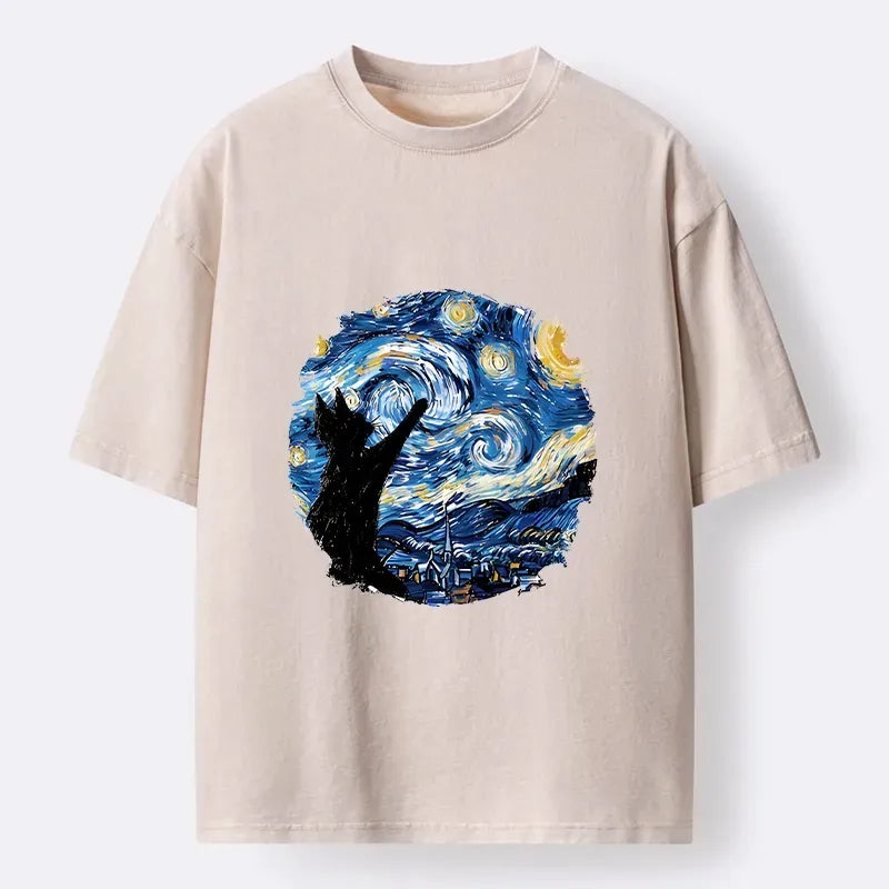 Kyoto-Lion Starry Night Black Cat Washed T-Shirt