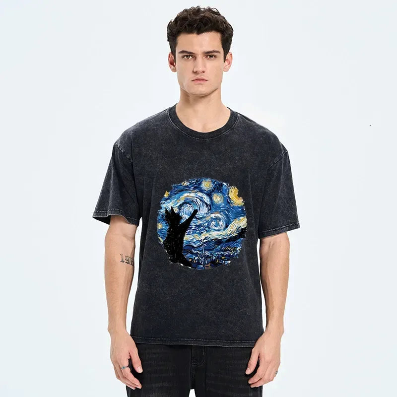 Starry Night Japanese Cat T-Shirt for Streetwear